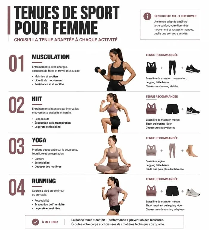 Infographie comparative des tenues de sport pour femme selon l'activité physique