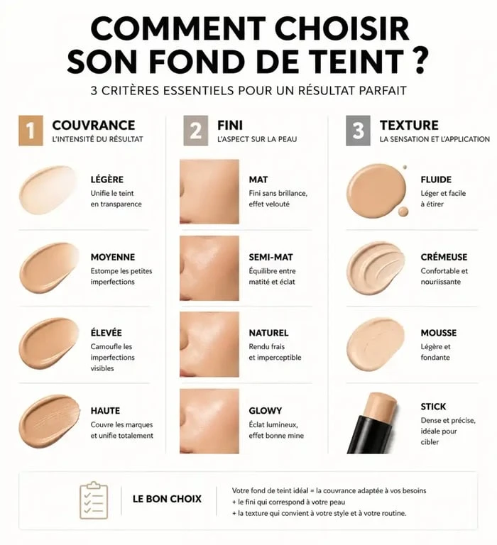 Infographie des critères pour choisir le meilleur fond de teint selon la couvrance, le fini et la texture