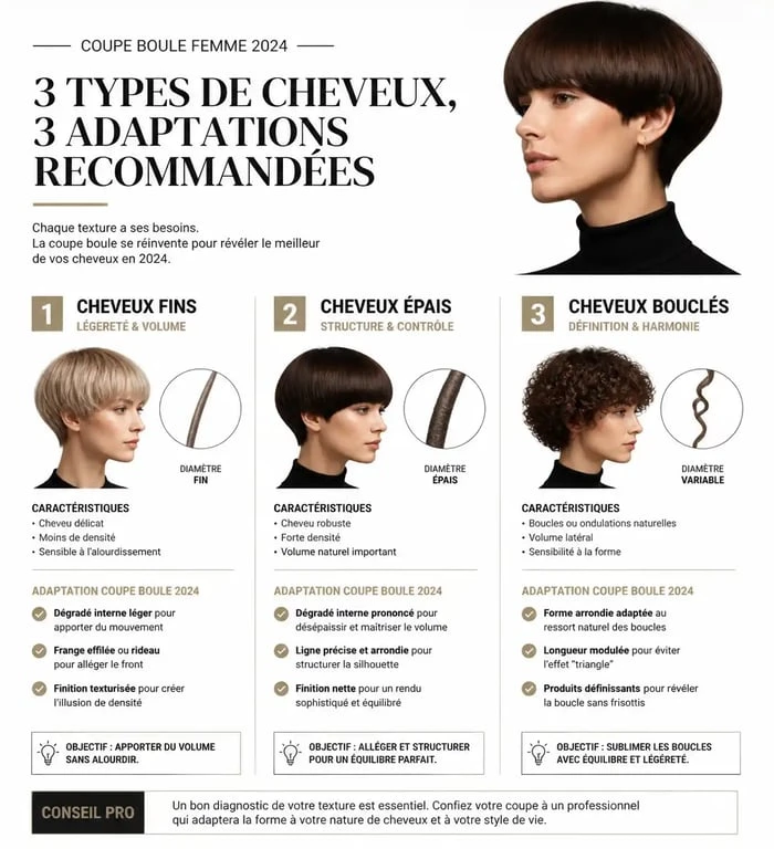 Infographie sur les adaptations de la coupe boule femme 2024 selon le type de cheveux