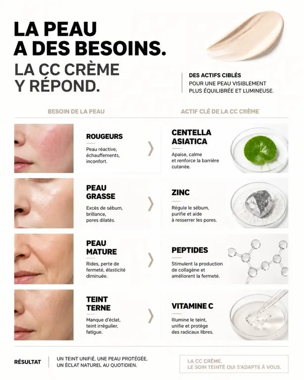 Infographie comparative des actifs pour choisir la meilleure CC crème selon son type de peau