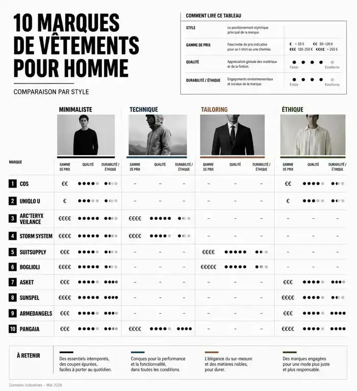 Infographie comparative des 10 meilleures marques de vêtements pour homme par style et qualité