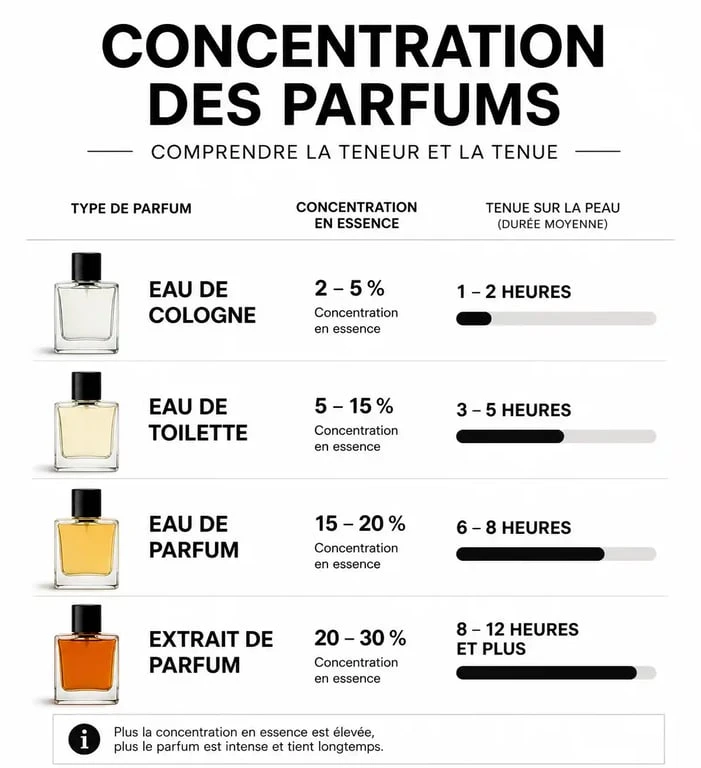 Infographie sur la concentration et la tenue des parfums génériques et de marque