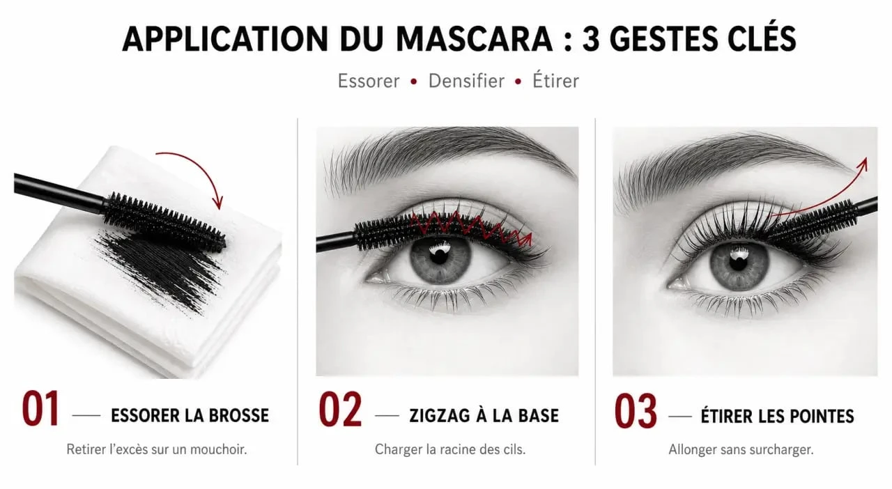 Étapes illustrées pour apprendre comment mettre du mascara sans faire de paquets