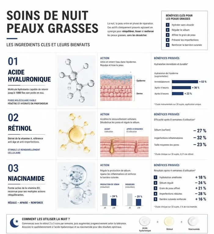 Infographie des ingrédients clés pour une crème de nuit peau grasse efficace
