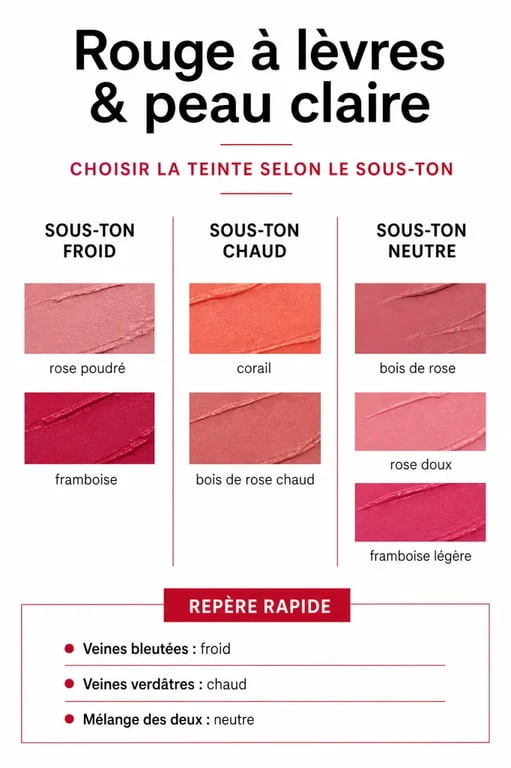 Guide visuel des couleurs de rouge à lèvres pour peau claire selon les sous-tons