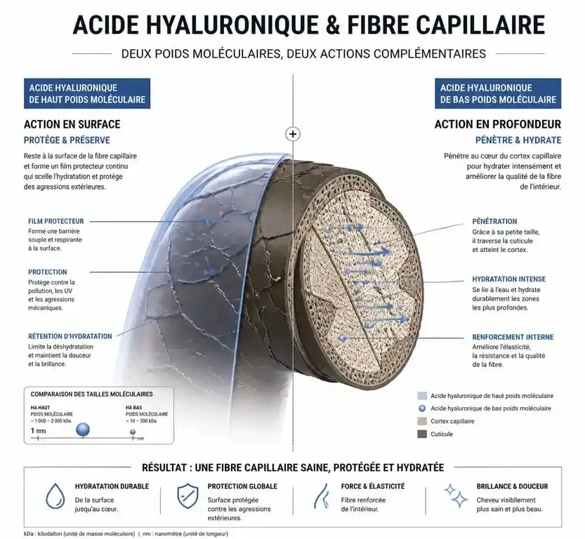 Schéma explicatif de l'action de l'acide hyaluronique sur les cheveux : haut et bas poids moléculaire.
