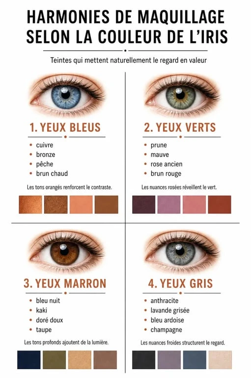 Guide visuel des couleurs de fards à paupières pour comment maquiller ses yeux selon la couleur de l'iris