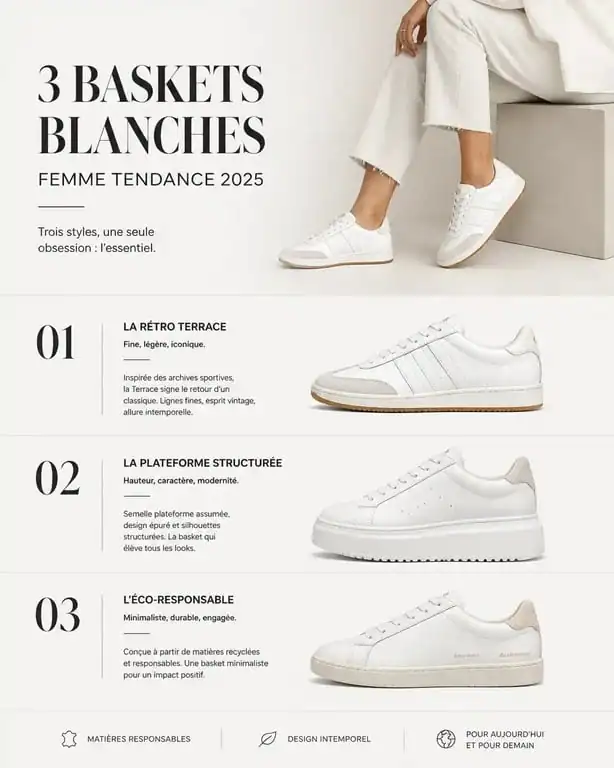 Sélection des tendances baskets blanches femme 2025 : styles rétro, plateforme et minimaliste