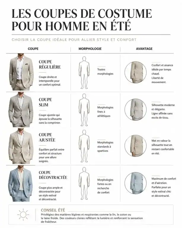 Infographie des coupes de costume pour une tenue de mariage homme été