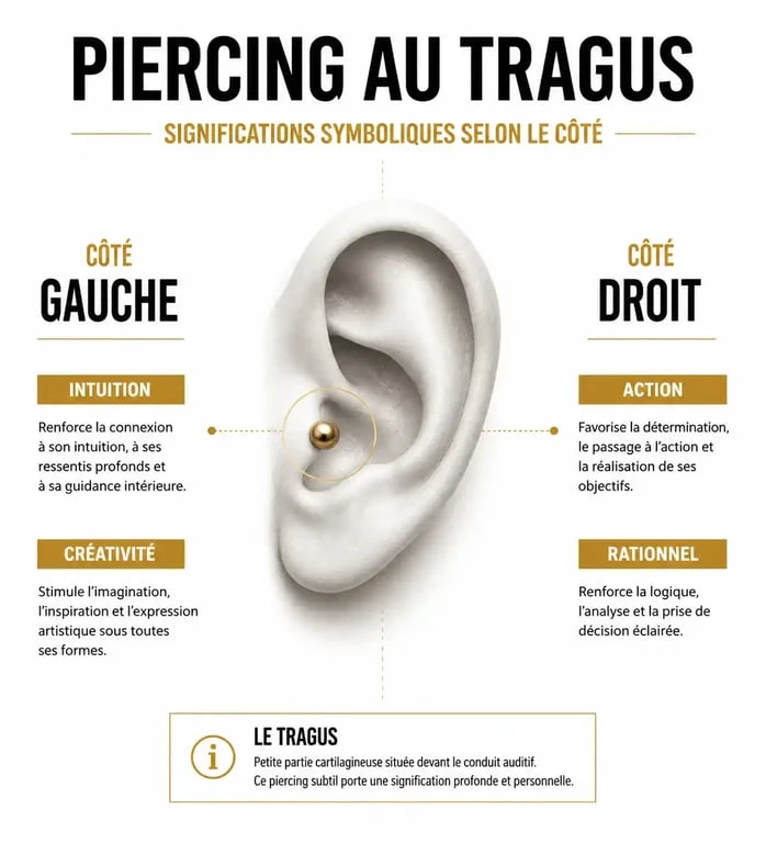 Infographie sur la signification du piercing tragus et symbolique des côtés gauche et droit