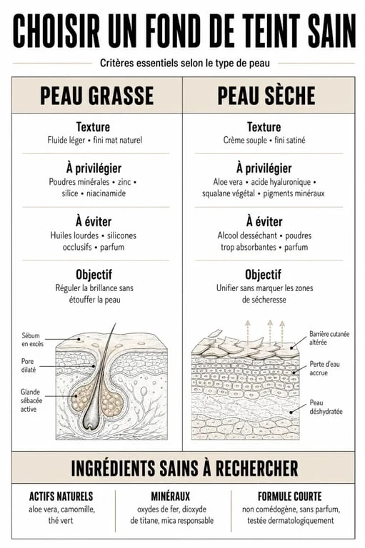 Infographie comparative pour choisir le meilleur fond de teint Yuka selon son type de peau