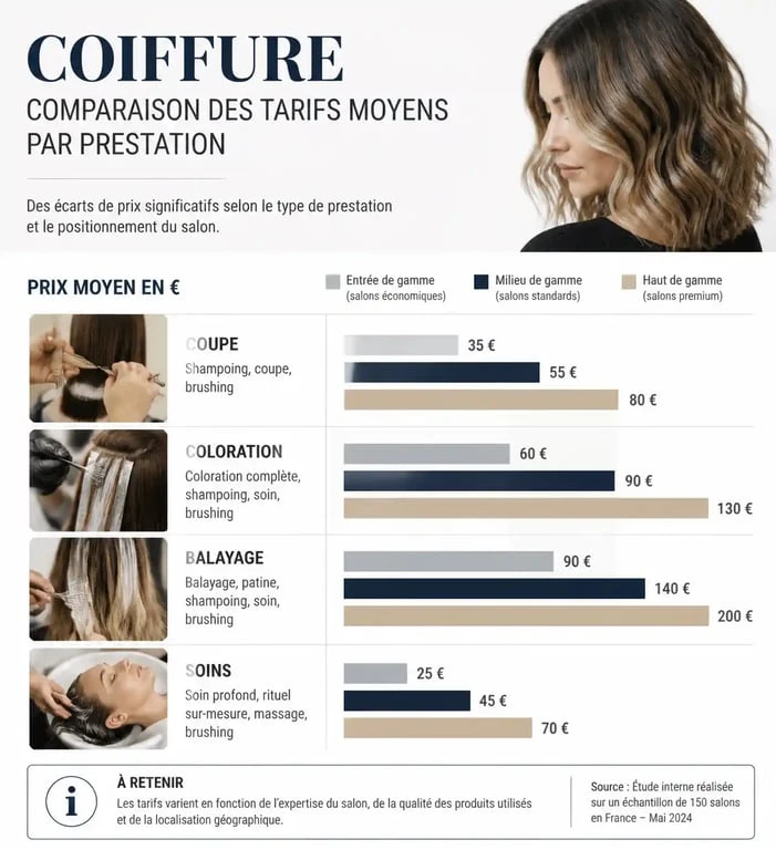 Infographie des tarifs moyens en salon de coiffure pour coupe, coloration et soins capillaires