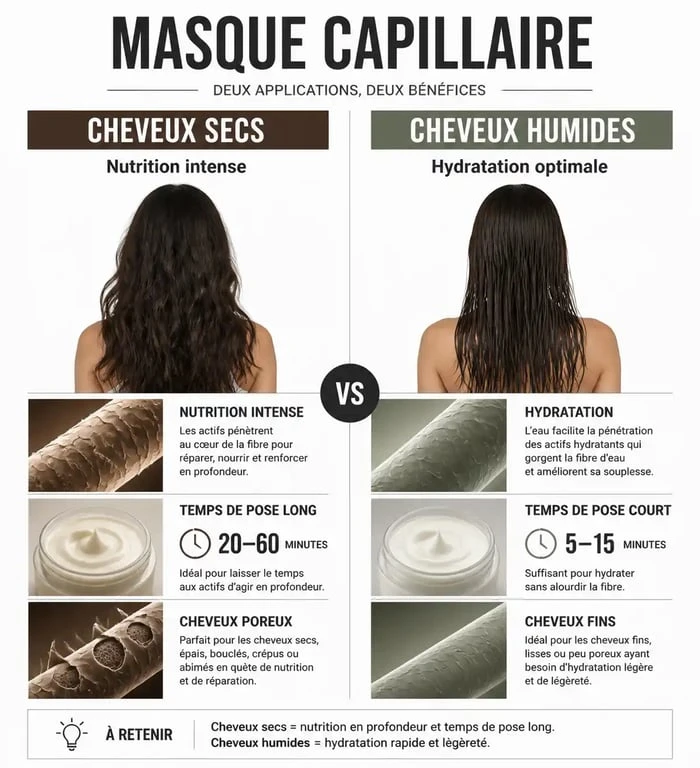 Infographie comparative : application de masque capillaire sur cheveux secs vs cheveux humides
