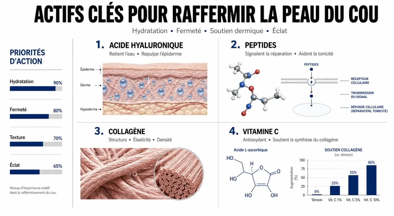 Infographie des meilleurs actifs pour une crème raffermissante pour le cou efficace
