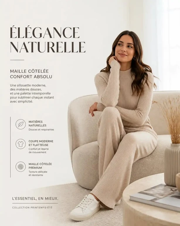 Femme portant une tenue chill élégante et confortable en maille côtelée pour un look décontracté.