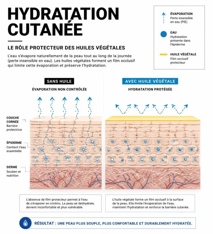 Infographie expliquant comment hydrater sa peau sans crème en utilisant l'occlusion des huiles végétales pour retenir l'eau.