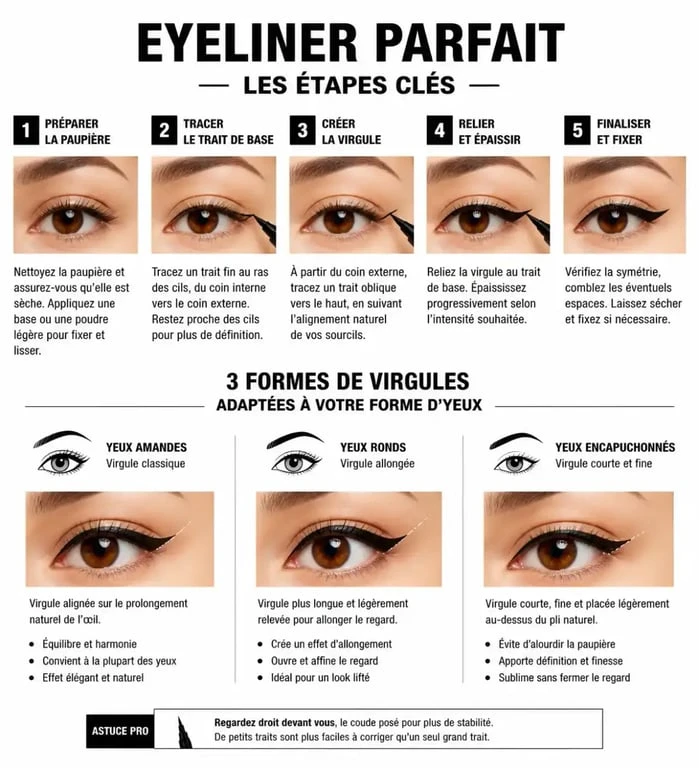 Guide visuel étape par étape pour apprendre comment mettre son eye-liner selon la forme de ses yeux.