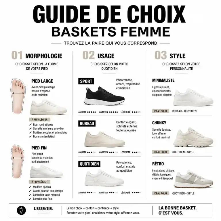 Infographie guide de choix pour marque de basket femme selon morphologie et usage