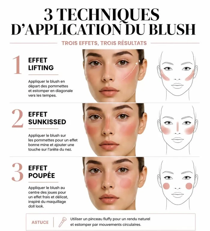 Schéma explicatif des différentes techniques pour mettre du blush selon l'effet recherché