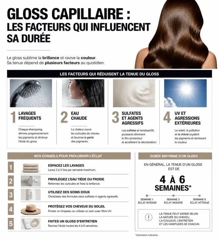Infographie expliquant combien de temps dure un gloss cheveux et les facteurs influençant sa tenue