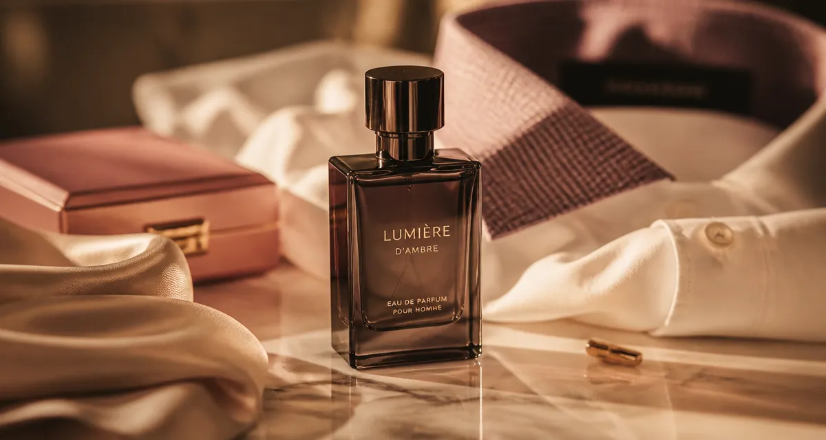 Giorgio Armani parfum homme : flacon marine et cuiré sur table en marbre
