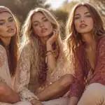 maquillage année 70 hippie sur trois femmes bohèmes