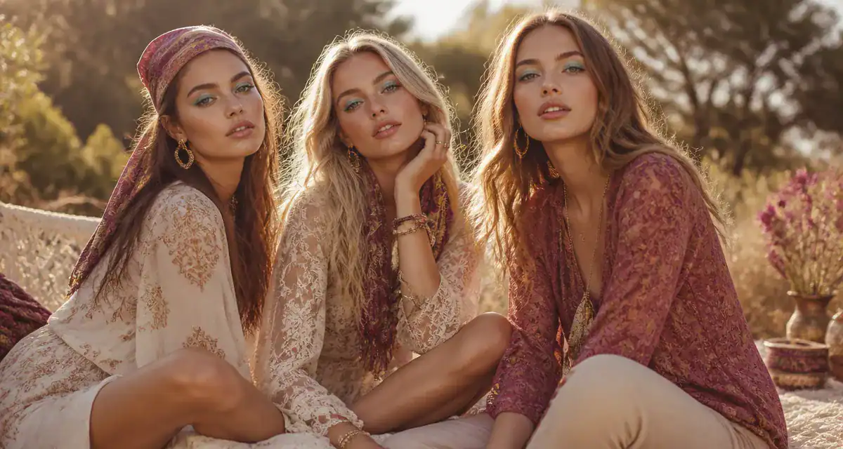 maquillage année 70 hippie sur trois femmes bohèmes