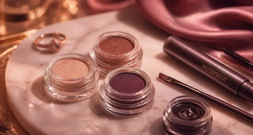 Maquillage yeux marron pour mariage : gros plan palettes fards champagne bronze prune