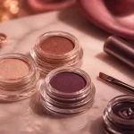 Maquillage yeux marron pour mariage : gros plan palettes fards champagne bronze prune