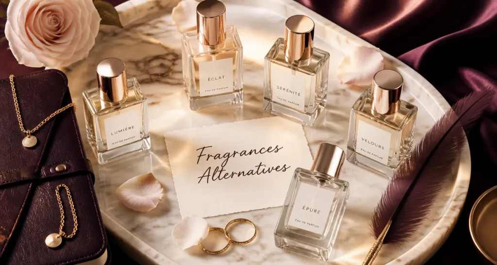 parfums generiques flacons minimalistes plateau marbre