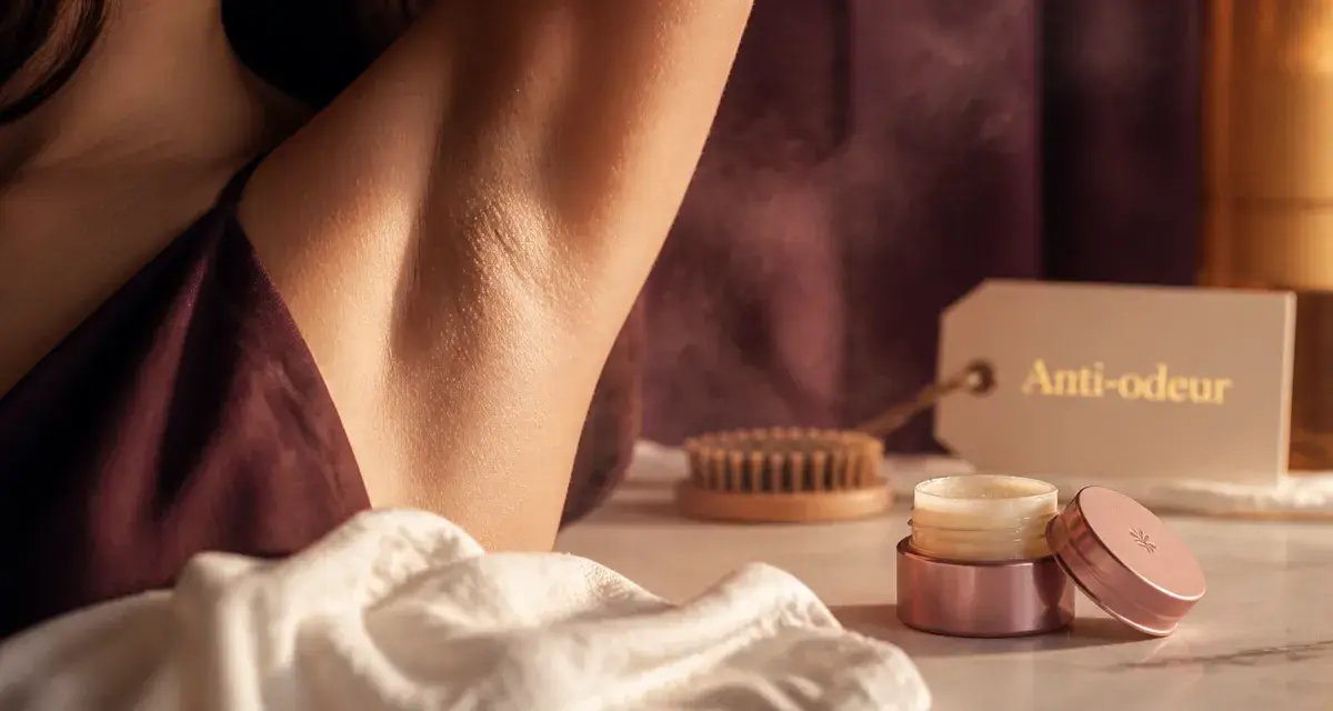 Quel déodorant pour odeur forte femme : baume anti-odeur près d’une serviette et aisselles