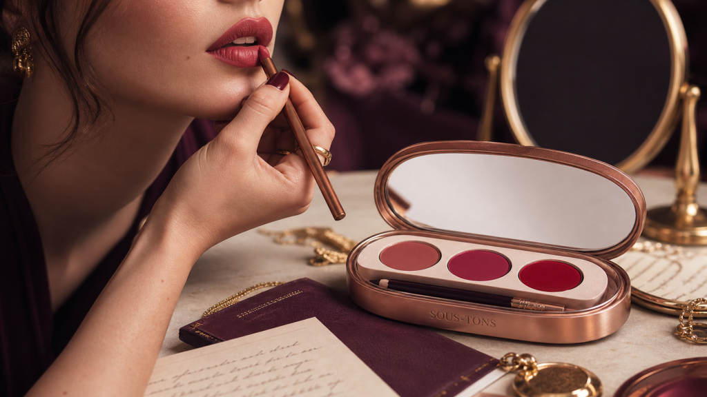 Quelle couleur de rouge à lèvres pour peau claire : main applique rose, miroir et écrin