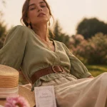 Tenue champetre femme : robe midi en lin et chapeau de paille au jardin