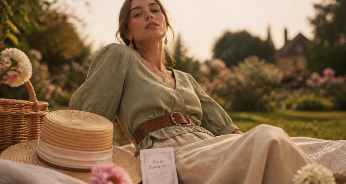 Tenue champetre femme : robe midi en lin et chapeau de paille au jardin