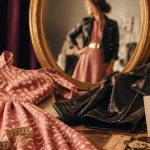 Vêtements vintage femme : robe années 50 et veste cuir années 80 sur établi