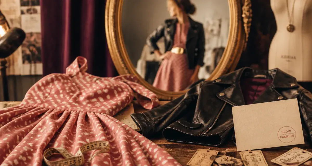 Vêtements vintage femme : robe années 50 et veste cuir années 80 sur établi