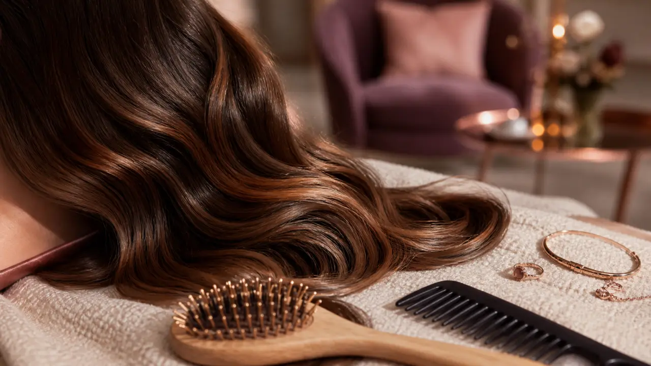 Balayage chocolat noisette : reflets chauds sans effet racine sur cheveux bruns