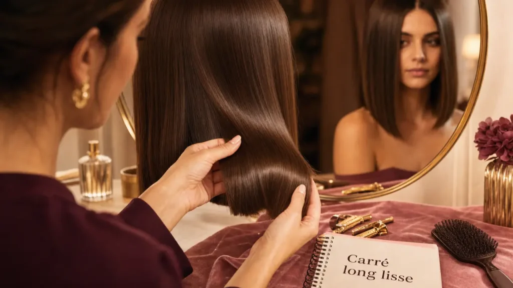 Coupe carré long lisse : frange et raie, cheveux lisses et entretien