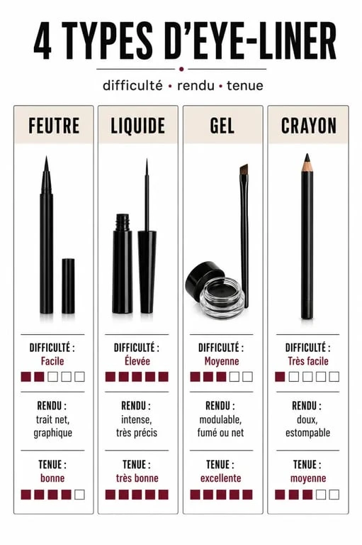 Comparatif des types d'eye-liner pour choisir le meilleur eye liner selon son niveau et ses besoins