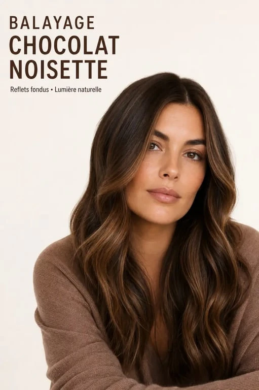 Balayage chocolat noisette sur cheveux bruns avec reflets chauds et effet fondu naturel