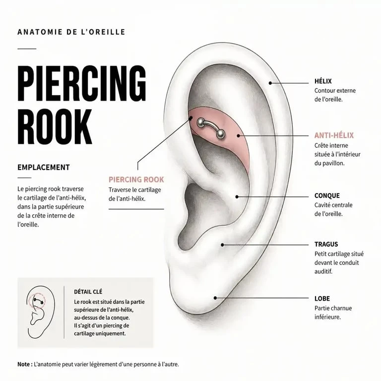 Schéma anatomique illustrant l'emplacement précis du piercing rook sur l'oreille