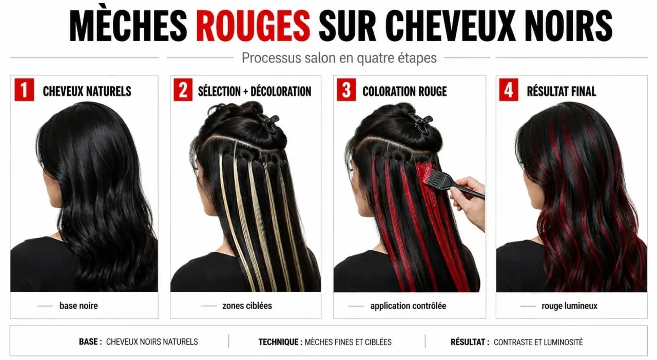 Mèches rouges sur cheveux noir : étapes de décoloration et résultat final