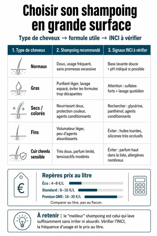 Infographie comparative sur le meilleur shampoing grande surface selon le type de cheveux et la composition