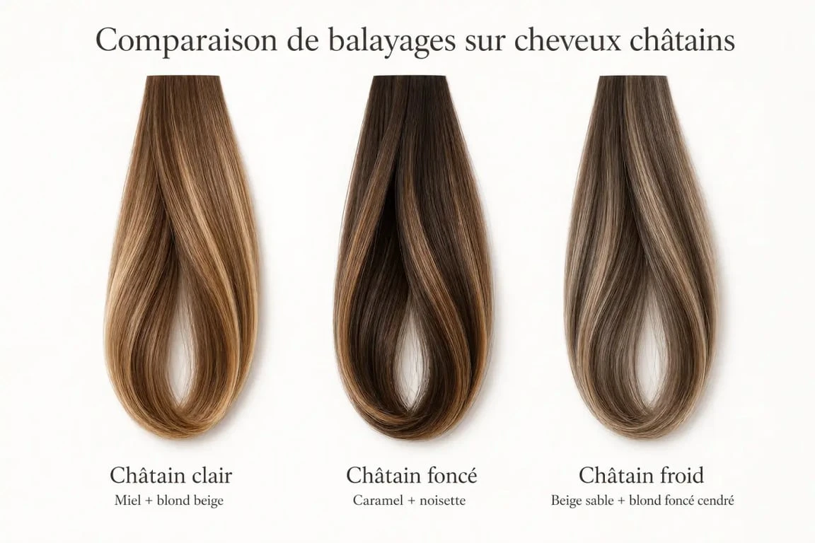 Quelle balayage pour cheveux chatain : comparaison de nuances miel, caramel, noisette et beige sur cheveux châtains