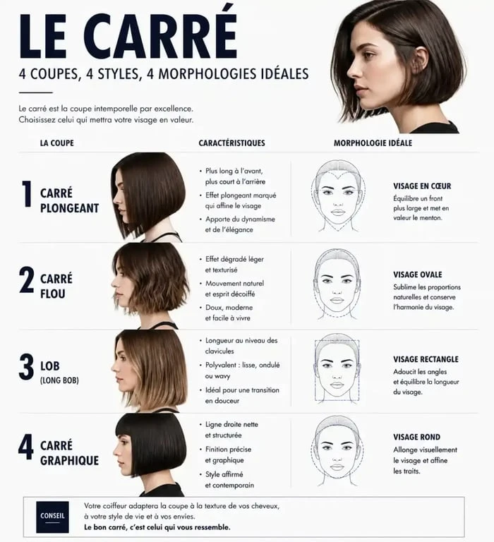 Infographie des tendances coupe carré femme selon la morphologie du visage