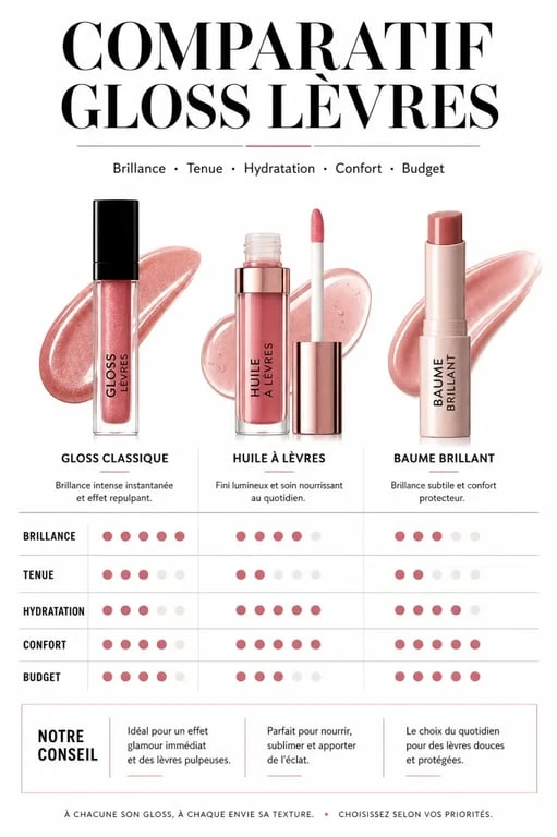 Meilleur gloss : comparatif visuel des types de gloss selon la brillance, la tenue et l’hydratation