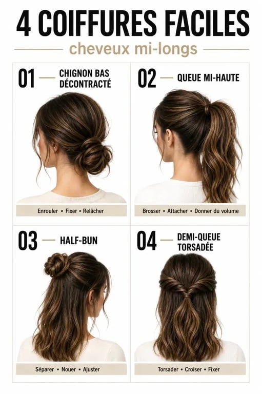 Coiffures cheveux mi longs faciles présentées en quatre idées simples et rapides