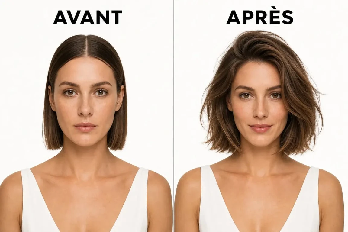 Coiffure cheveux fins avant et après volume avec carré léger et racines décollées