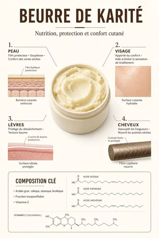 Infographie sur les bienfaits beurre de karité pour la peau, le visage et les cheveux