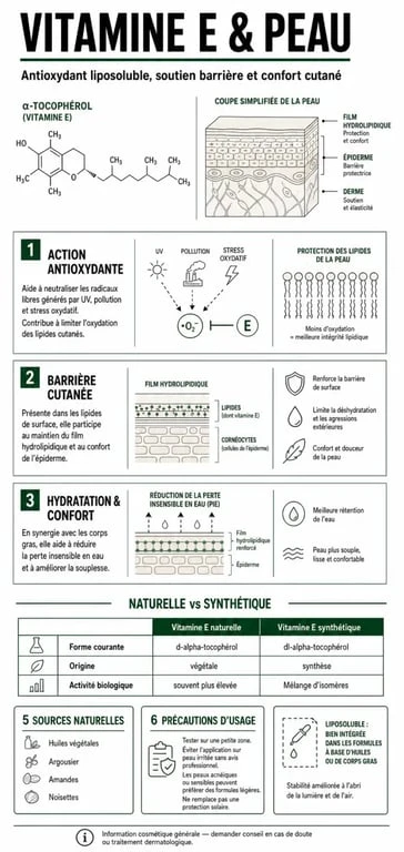 Infographie sur les bienfaits vitamine E pour la peau, ses sources et ses précautions